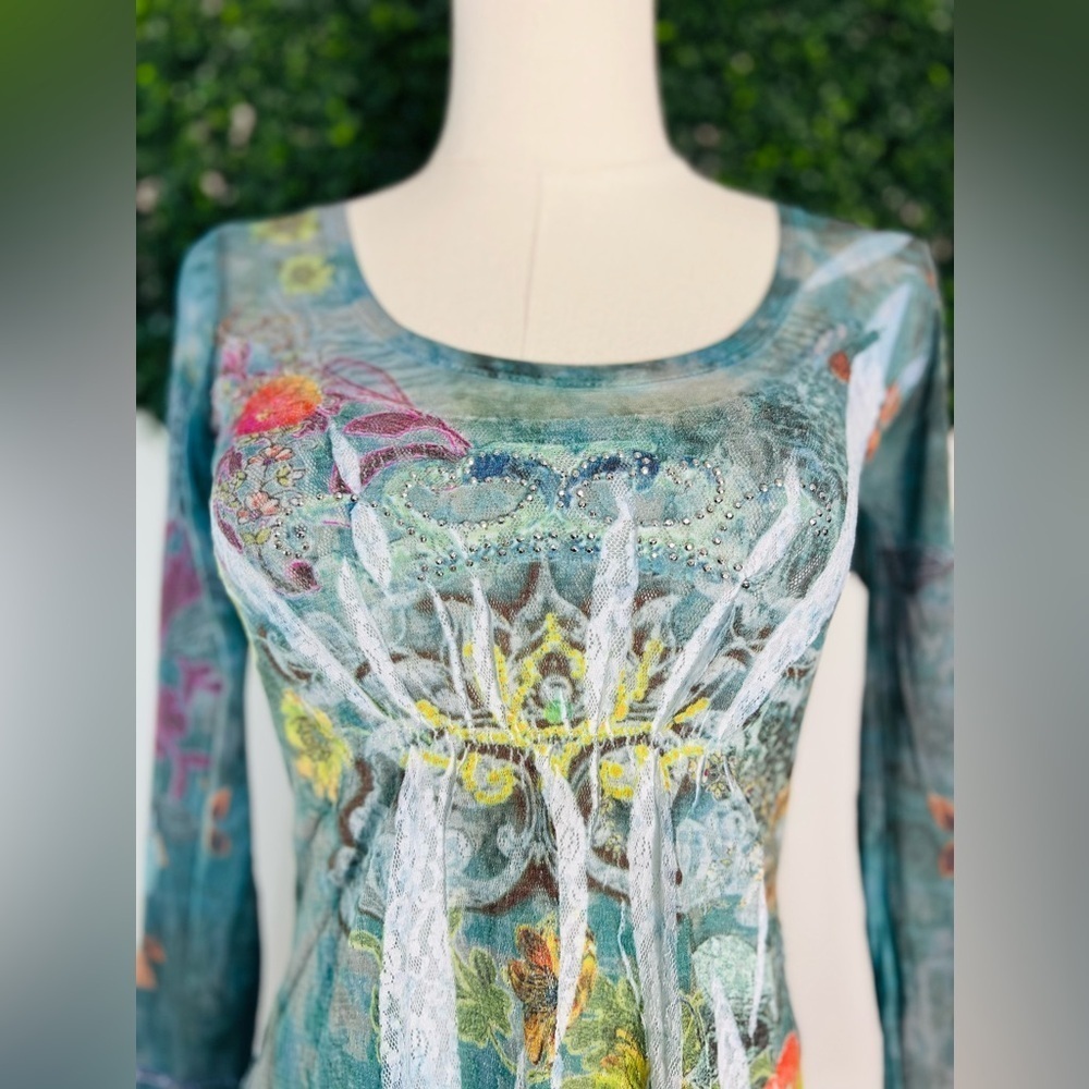 Dressbarn Y2K Lace Tunic Top Small Green Floral Sheer Sleeves Fairy Grunge - Picture 4 of 11